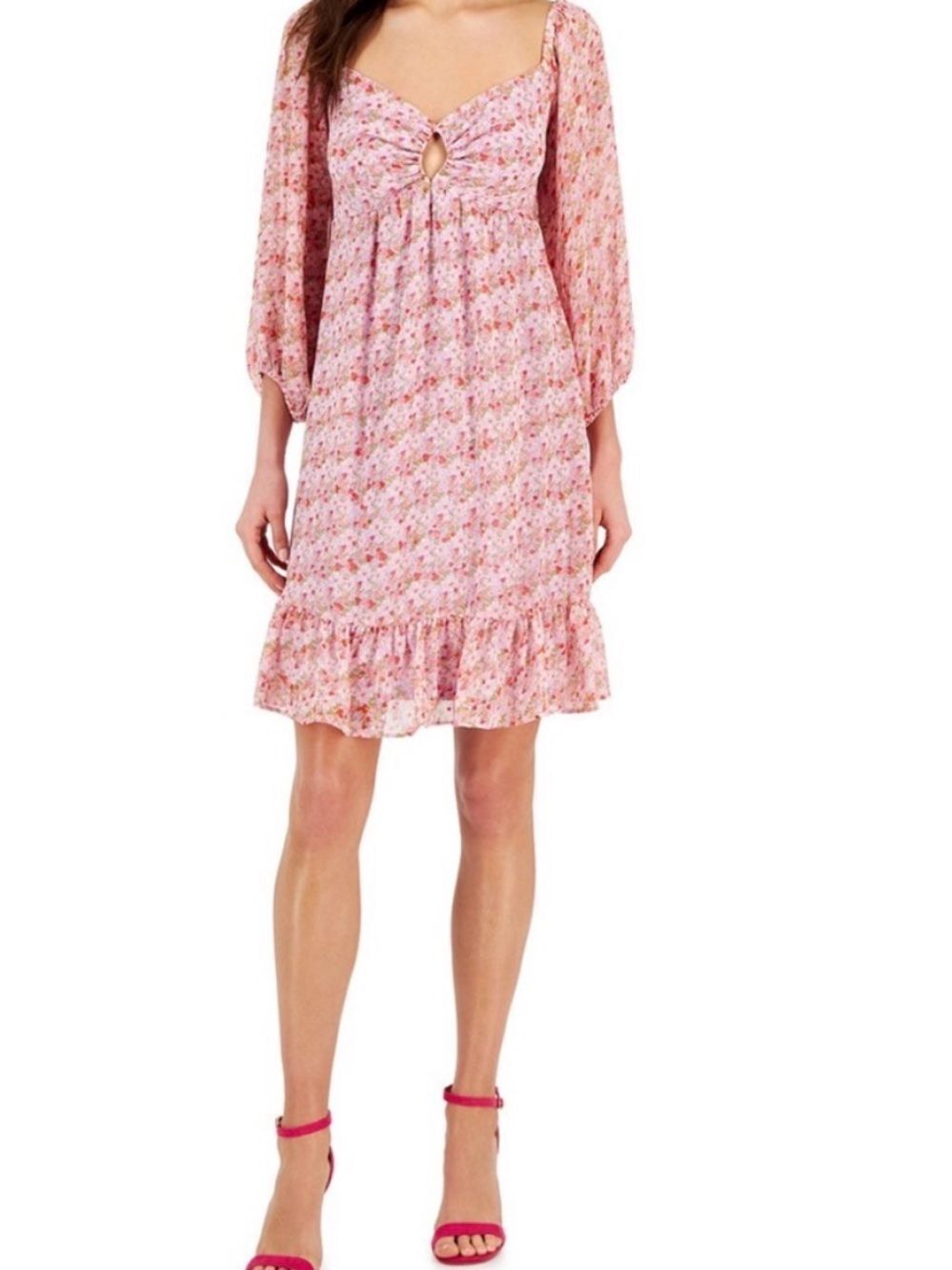 Taylor New York Dress 10 Pink Floral Babydoll Keyhole Sweetheart Long Sleeve